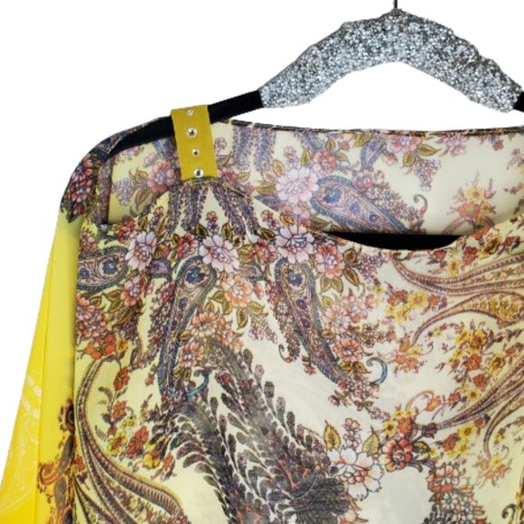 Sunshine Yellow Paisley Multi Colored Sheer Tunic Batwing Oversized Loose Top. - Picture 2 of 4